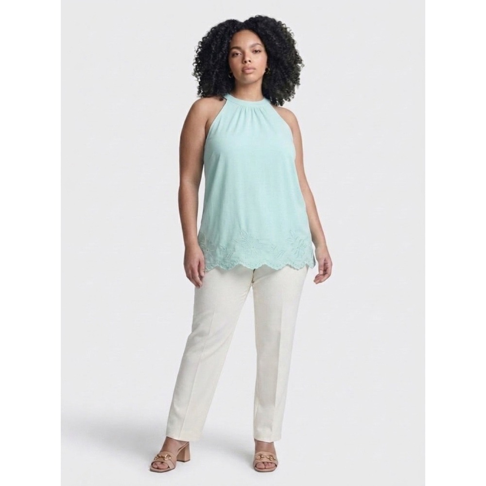 Women's Jennifer Lopez JLo Mint Green Halter Sleeveless Top Embroidered Hem 1X